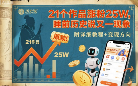 21个作品涨粉25W,睡前历史说又一现象级AI内容大爆款来啦,附详细教程+变现方向-蜗牛学社