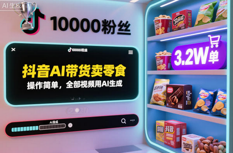 抖音AI带货卖零食，操作简单，全部视频用AI生成，一万粉丝，卖了3.2W单-蜗牛学社