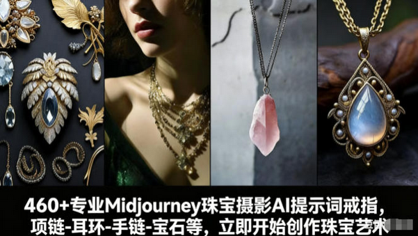 460+专业Midjourney珠宝摄影AI提示词戒指，项链-耳环-手链-宝石等，立即开始创作珠宝艺术-蜗牛学社