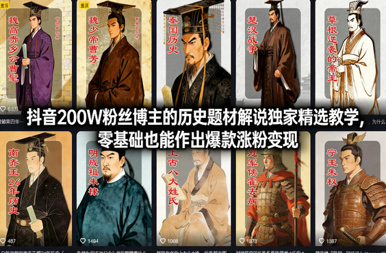 抖音200W粉丝博主的历史题材解说独家精选教学，零基础也能作出爆款涨粉变现-蜗牛学社