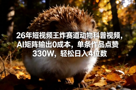 26年短视频王炸赛道动物科普视频，AI矩阵输出0成本，单条作品点赞330W，轻松日入4位数-蜗牛学社