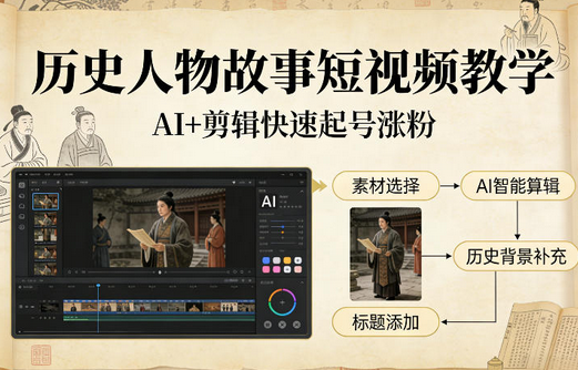 历史人物故事短视频教学，AI+剪辑制作历史人物题材短视频，快速起号涨粉-蜗牛学社