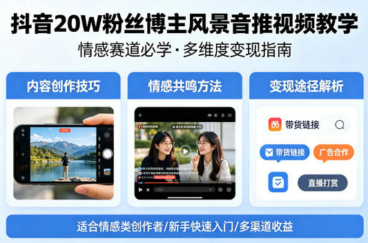 抖音20W粉丝博主风景音推视频教学，情感赛道必学，各种变现途径-蜗牛学社