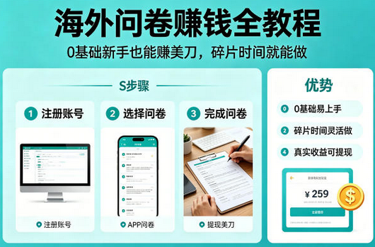 海外问卷賺钱全教程，0基础新手也能賺美刀，碎片时间就能做-蜗牛学社