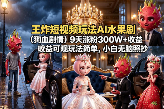 王炸短视频玩法AI水果剧（狗血剧情）9天涨粉300W+收益可观玩法简单，小白无脑照抄，详细拆解玩法-蜗牛学社