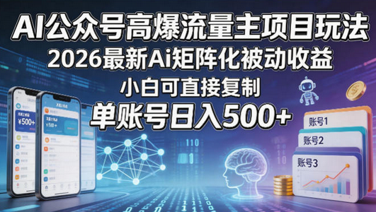 AI公众号高爆流量主项目玩法，2026最新Ai矩阵化被动收益，小白可直接复制，单账号日入500+-蜗牛学社