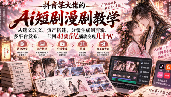 抖音某大佬的Ai短剧漫剧教学，从选文改文、资产搭建、分镜生成到剪辑、多平台发布，一部剧41集5亿播放变现几十W-蜗牛学社