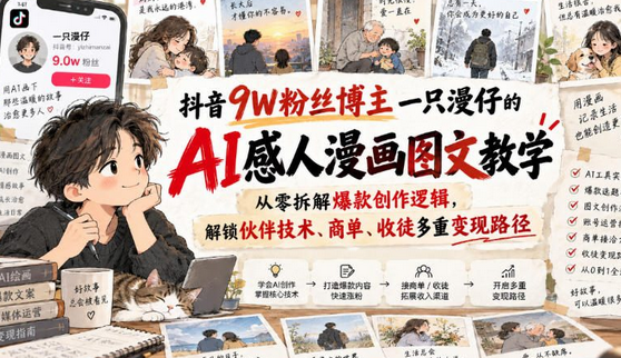 抖音9W粉丝博主一只漫仔的AI感人漫画图文教学，从零拆解爆款创作逻辑，解锁伙伴技术、商单、收徒多重变现路径-蜗牛学社