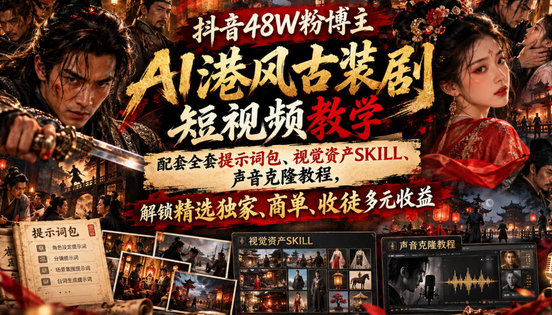 抖音48W粉博主AI港风邵氏古装剧短视频教学，配套全套提示词包、视觉资产SKILL、声音克隆教程，解锁精选独家、商单、收徒多元收益-蜗牛学社