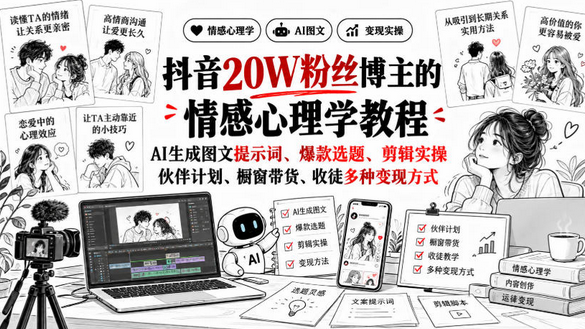 抖音20W粉丝博主静候心声的情感心理学教程,AI生成图文提示词、爆款选题、剪辑实操,伙伴计划、橱窗带货、收徒多种变现方式-蜗牛学社